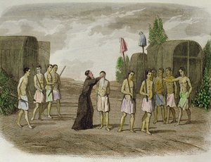 An Indigenous Slave of the Tupinamba Tribe is Baptized by a Jesuit Priest, Near Bahia in 1550 by Spanish School