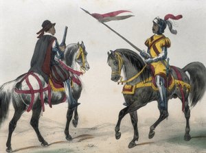 Cavalrymen during the reign of Phillip II of Spain. “Heraldo de caballeria” (herald of arms) and “hombre de armas” (man-at-arms) by Spanish School