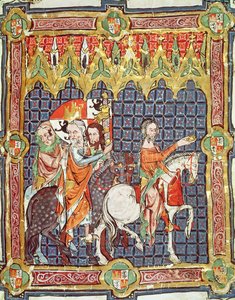 Alfonso VII and his wife, Berenguela of Barcelona, led to meet the archbishop, from a manuscript depicting the coronations of the Kings of Aragon and Castille