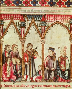 Group of Troubadours, illustration from Cantigas de Santa Maria, made under the direction of Alfonso X (The Wise) King of Castille and Leon (1221-84) by Spanish School