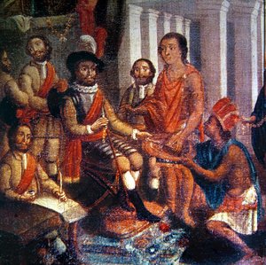 Hernando Cortes receiving the homage of the Aztecs by Spanish School
