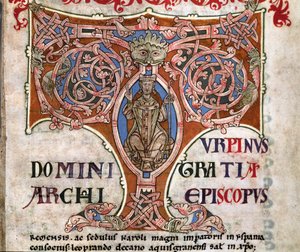 Initial T with a depiction of Charlemagne, illustration from the Codex Calixtinus by Spanish School
