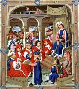 Jaume Marquilles gives his book to Counselors of Barcelona in the presence of King Alfons IV the Magnanimous, 15th century (manuscript) by Spanish School