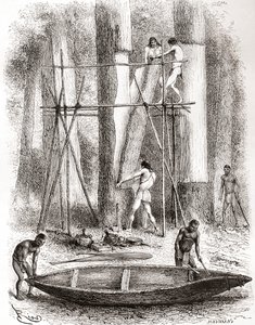 Native Indians building a canoe on the banks of the Oyapock or Oiapoque River, South America
