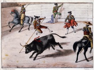 Perch jump, bullfighting in Spain, Spanish lithography, 19th century by Spanish School