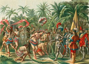 Reception from Anacaona, called the Golden Flower, on Hispaniola for Bartholomew Columbus and Hermano del Almirante