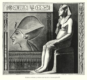 Seated statue and relief of the Ancient Egyptian Pharaoh Akhenaten (Amenhotep IV) by Spanish School