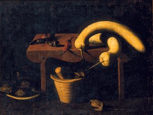 Still life with peppers and pumpkins on a bench with a mortar and pestle and dead birds