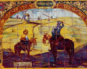 Tiles Depicting Don Quixote and Sancho Panza Preparing to Attack the Windmills by Spanish School