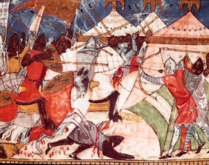 Trojan War: Trojans invade the military camp of Greek warriors. (detail) of a miniature from the Spanish manuscript 