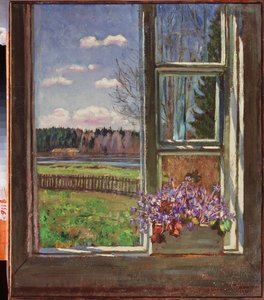 Violets in Front of the Window. Painting by Stanislav Yulianovich Zhukovsky by Stanislav Joulianovitch Joukovski