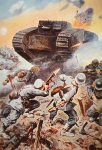 British tank in action against Germans on the Western Front in WWI