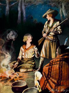 Scene from The Gratitude of Great Bear: a bear approaching a camp fire by Stanley Lloyd