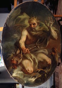Neptune with a crown and trident depicted with sea monsters