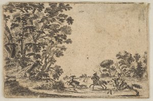 Plate 4: a deer hunt, two horsemen galloping towards the right behind three dogs and