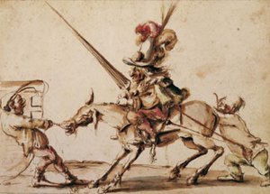 A Doughty Dwarf on a Restive Mule Being Pulled to a Tourney by Two Other Dwarfs