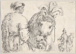 A man at left in profile giving a handful of hay to a horse at center, a horseman to the right, ca. 1662 by Stefano della Bella