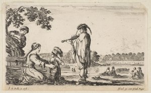 A Man Playing the Violin in Center, Turned Towards the Left in Profile, a Seated Woman to... by Stefano della Bella