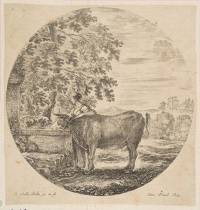 A Peasant Woman with a Cow at a Fountain Decorated with the Medici Arms by Stefano della Bella