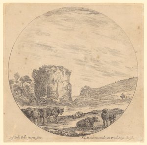 Ancient temple ruin with resting buffaloes and a rider in the background by Stefano della Bella