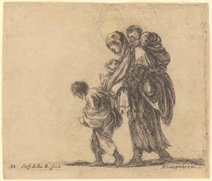 Poor woman walking to the left with a child on her back, a toddler in a sling and an older child in front of her by Stefano della Bella