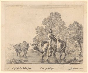 Peasant Woman Crossing a River with Two Cows by Stefano della Bella