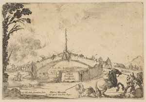 Combat on a Bridge, a Horseman and Two Footsoldiers Battle with Swords by Stefano della Bella