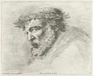 Head of an old man with beard and laurel wreath, in profile to the left
