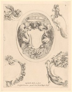 Cartouche with Two Kissing Harpies in an Oval by Stefano della Bella