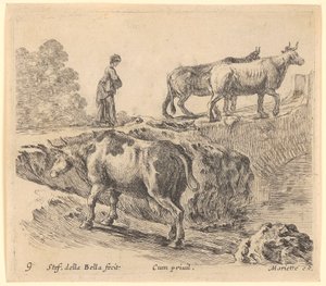 Cow Going Up a Hill, in the Background a Peasant Woman with Two Cows Steps onto a Bridge by Stefano della Bella