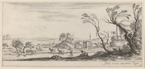 Landscape with Peasant Preparing to Cross a Stream, in or before 1647 by Stefano della Bella
