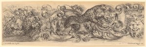 Ornamental Frieze with a Leaping Leopard in the Center, a Fruit Basket on the Left, a Grotesque Mask on the Right by Stefano della Bella