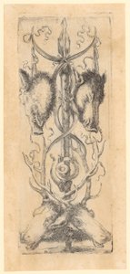 Ornamental Panel with Two Boar Heads at the Top, Two Deer Heads at the Bottom, and a Horn in the Middle, Plate 8 from the Series "Ornaments or Grotesques" by Stefano della Bella