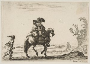 A Horseman and a Woman, Seen from Behind, Riding Towards the Right with a Young... (detail)