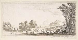 Plate 11: Shepherdess Seated to the Right Under a Tree, Watching Her Flock to the Left, ca. 1641 by Stefano della Bella