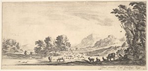 Shepherdess seated to the right under a tree, watching her flock to the left by Stefano della Bella