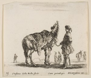 Plate 15: a Polish nobleman, facing away, holding his horse covered in leopard skin by Stefano della Bella