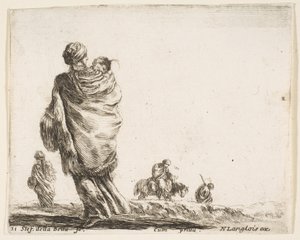 Plate 21: a poor woman to left, seen from behind, enveloping her child in a shawl, ca. 1644-47 by Stefano della Bella