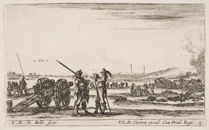 Plate 3: An officer giving orders to a soldier in centre foreground, cannon at left
