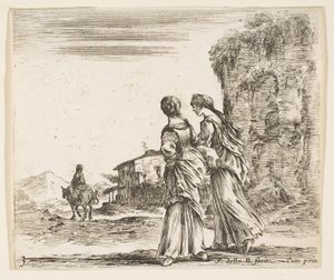 Two Girls Walking Towards the Left, Seen from Behind, a Woman on a Horse by Stefano della Bella