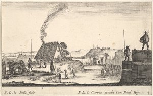 Plate 4: A military encampment with a soldier standing on a parapet to the right by Stefano della Bella