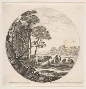 Plate 4: a Corinthian capital on the ground at left, a monument with figures in low relief by Stefano della Bella