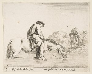 Plate 5: A Barefoot Peasant on Horseback Crossing a River, Another Peasant on Horse... by Stefano della Bella