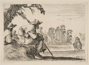 Two Pilgrims with Hats Rest to the Left, Seen from Behind, a Horseman Rides Toward by Stefano della Bella