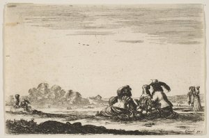 Two noblemen seated in center, seen from behind, conversing with a noblewoman