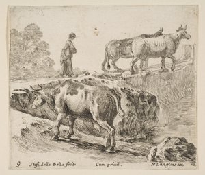 Plate 9: A Cow Ascending a Bank, a Peasant Woman Leading Two Cows Across a Bridge