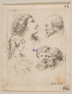 Plate 9: Five Heads, Two Young Women at Left, a Bearded Man at Upper Right, a Young Woman