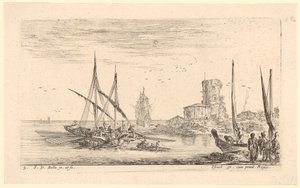Seascape with Several Ships and Old Tower on the Beach by Stefano della Bella