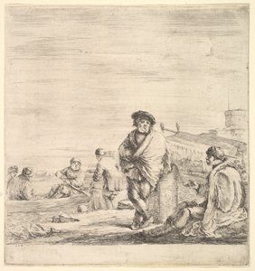 Standing sailor in center talking to a seated Levantine man to left, seen in profile by Stefano della Bella