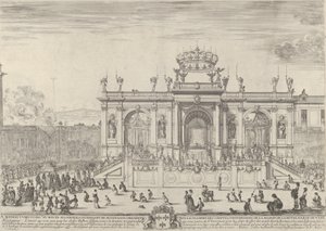 The altar of the holy sacrament, at left, the sacrament beneath a canopy, carried in procession by Stefano della Bella